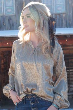 WOMENS SATIN JACQUARD BLOUSE KHAKI, Size: XS