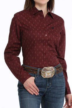 WOMENS GEOMETRIC PRINT BUTTON DOWN SHIRT BURGANDY