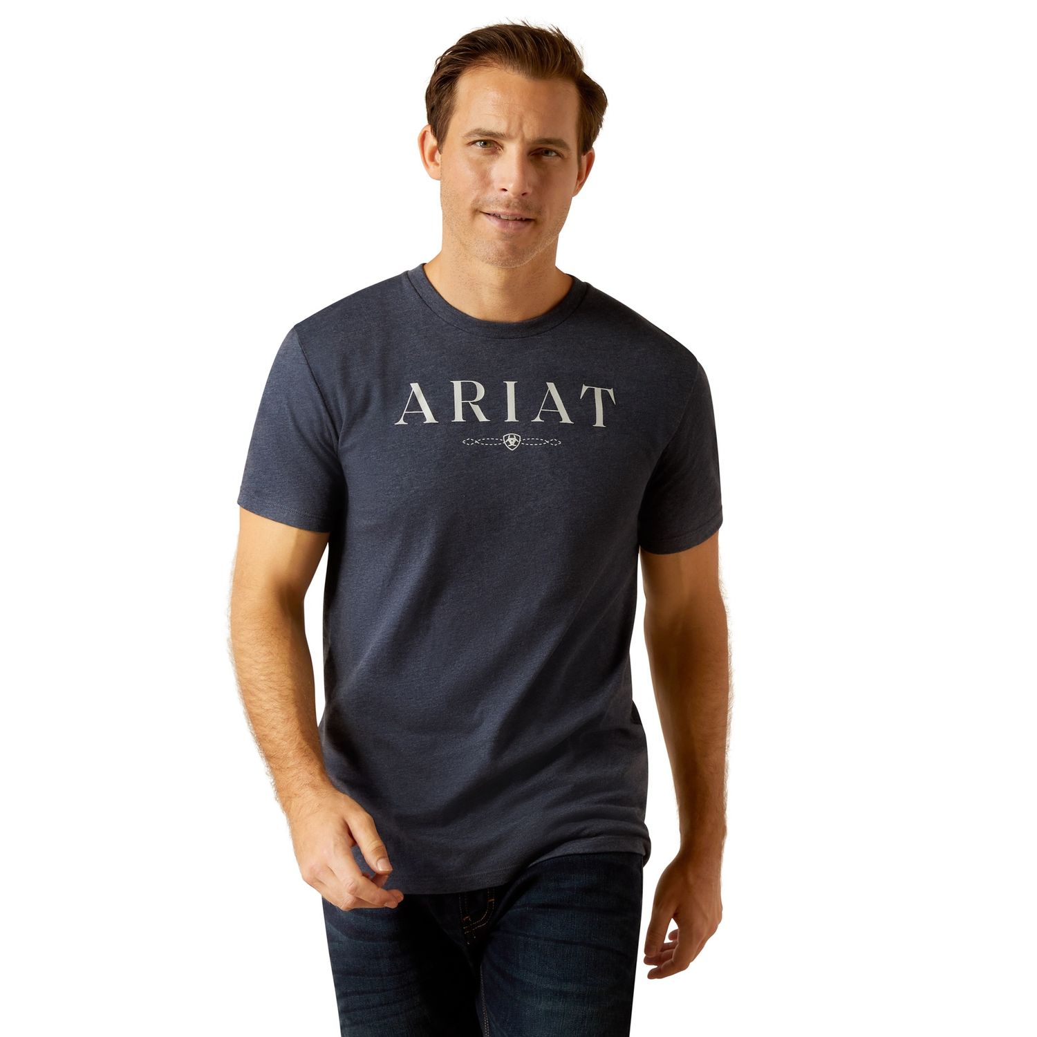 ARIAT MENS B&amp;W LOGO TEE NAVY HEATHER