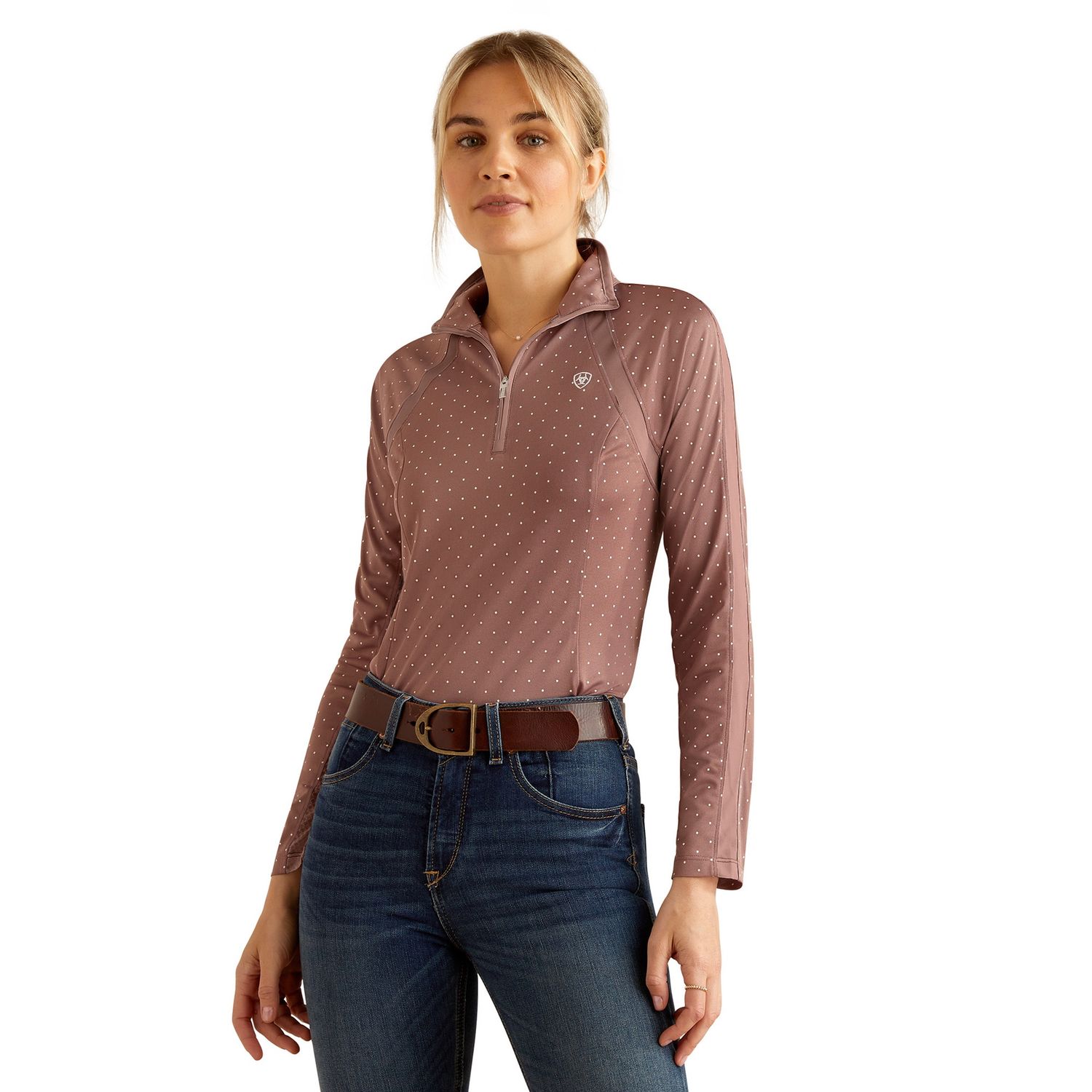 ARIAT WOMENS SUNSTOPPER 3.0 1/4 ZIP TWILIGHT MAUVE DOT ., Size: XS