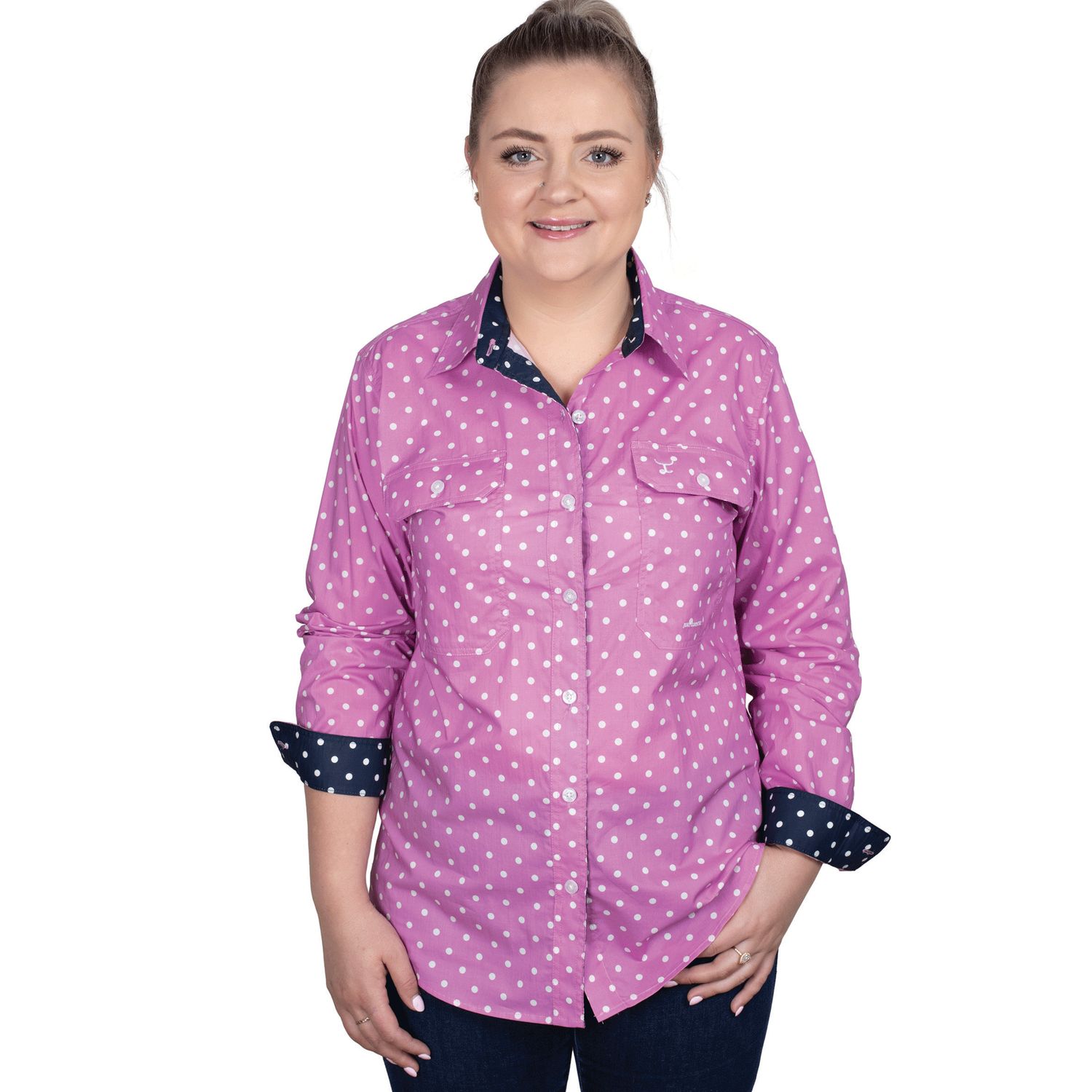 JC ABBEY FULL BUTTON PRINT WORK SHIRT RADIANT ORCHID DOTS.