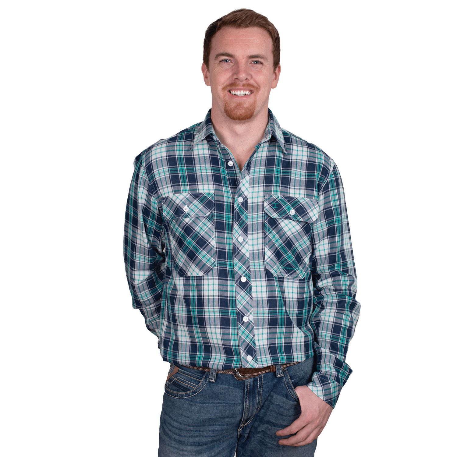 JUST COUNTRY MENS AUSTIN FULL BUTTON WORKSHIRT NAVY &amp; AQUA CHECK.
