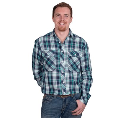 JUST COUNTRY MENS AUSTIN FULL BUTTON WORKSHIRT NAVY &amp; AQUA CHECK.