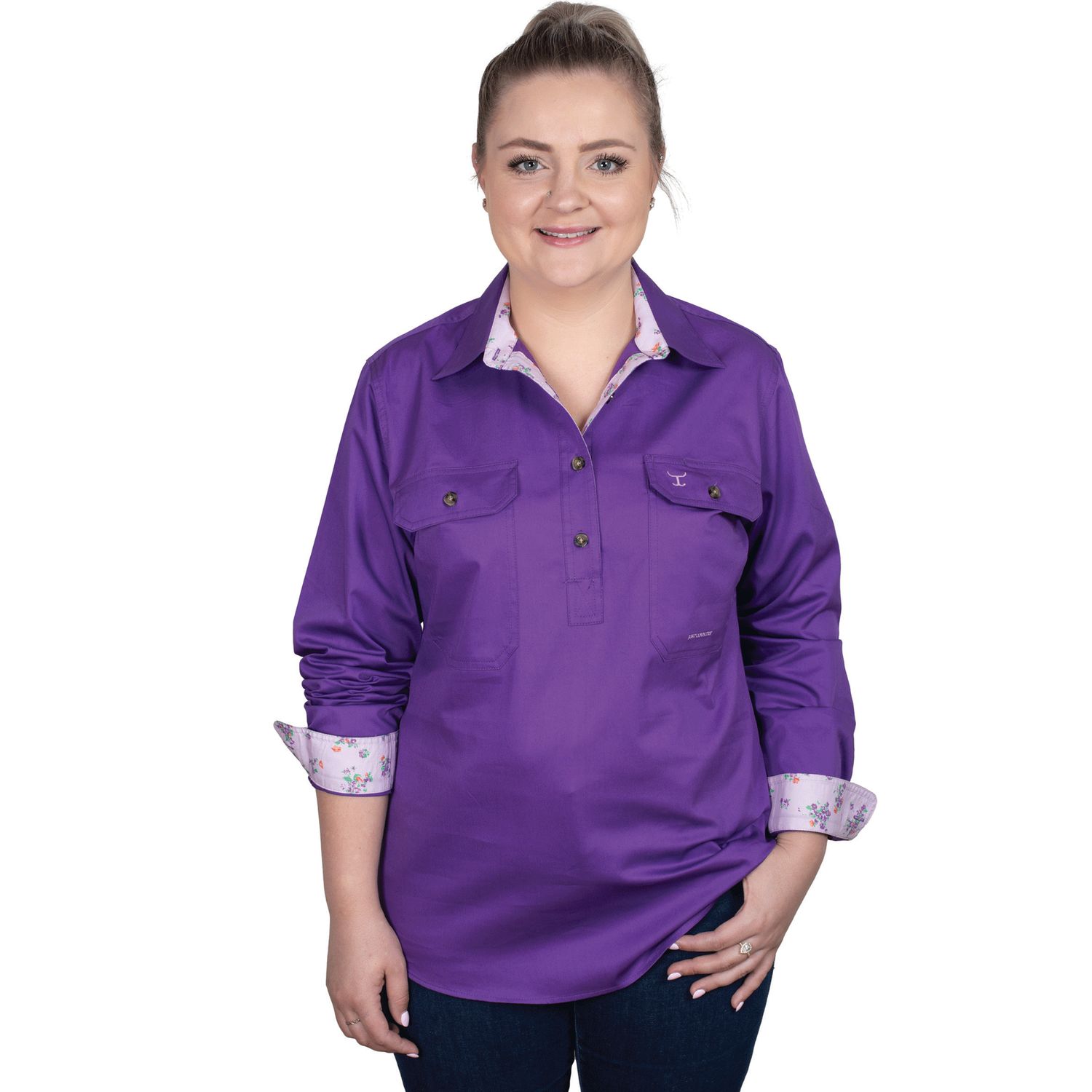 JC WOMENS HALF BUTTON WORKSHIRT PURPLE POSEY., Size: 08.0
