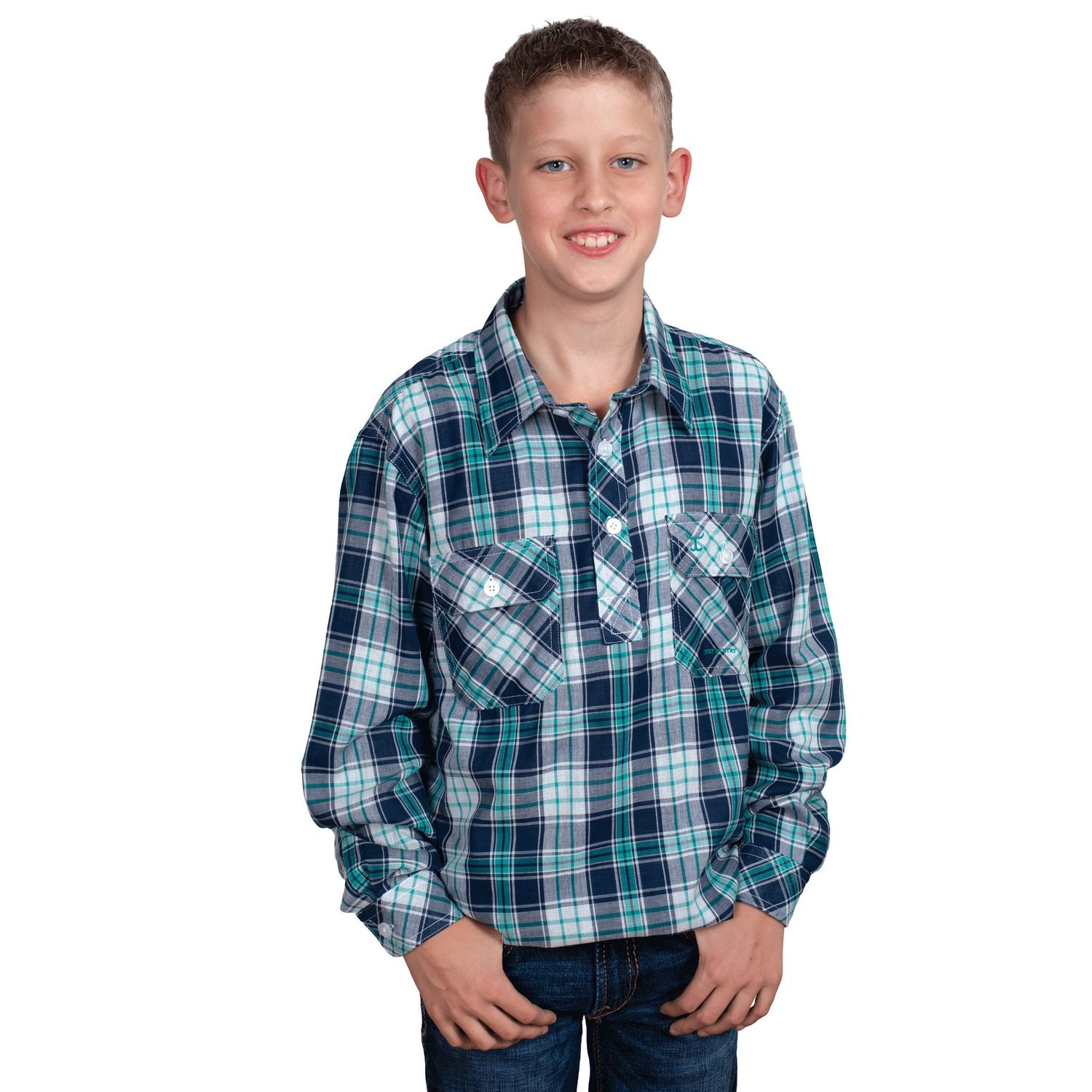 JC BOYS BRAYDEN 1/2 BUTTON WORKSHIRT NAVY/AQUA CHECK., Size: XXS