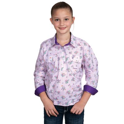 JC GIRLS HARPER 1/2 BUTTON WORKSHIRT LAVENDER POSEY/PURPLE.