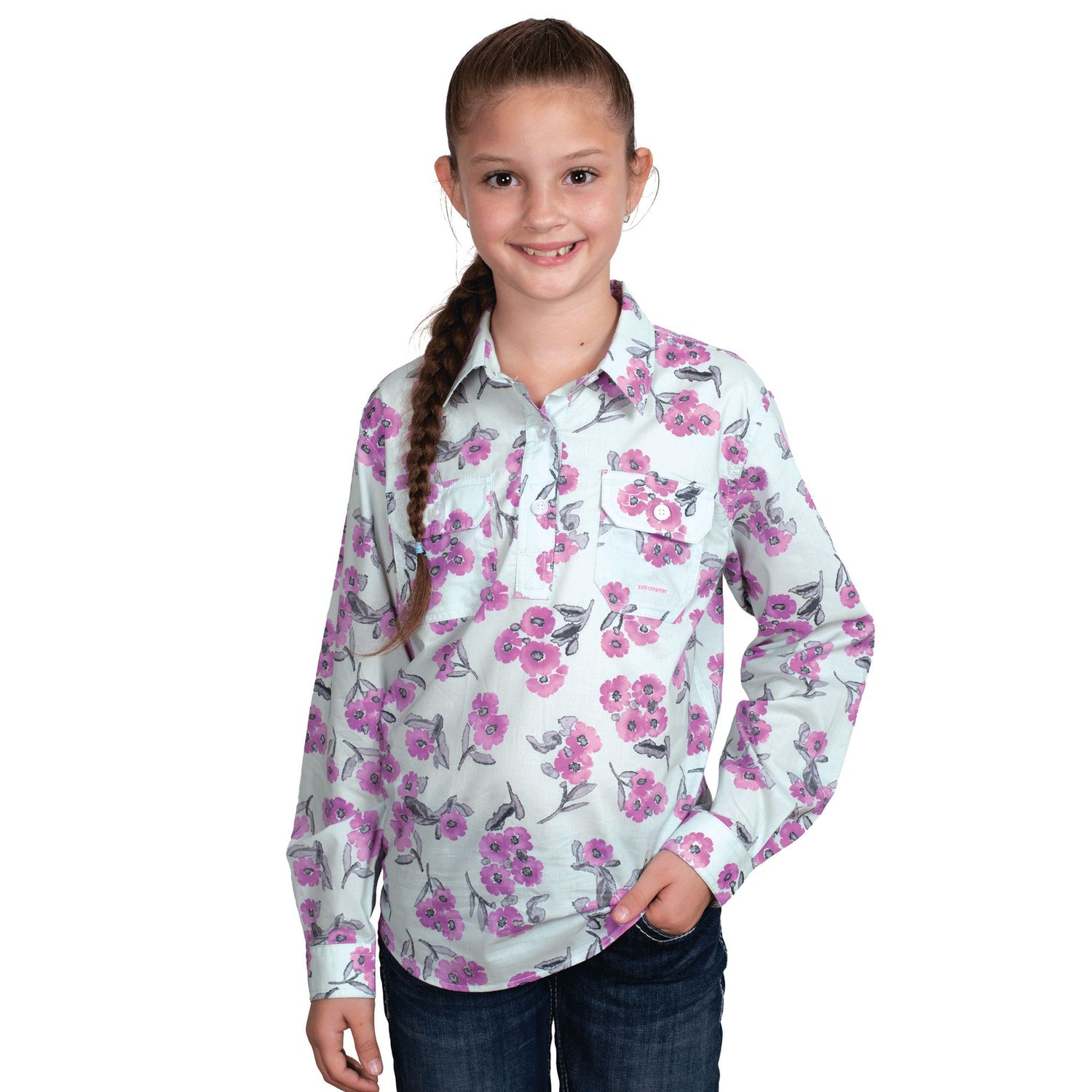 JC GIRLS HARPER 1/2 BUTTON WORK SHIRT SEA MIST WATER COLOUR., Size: XXS