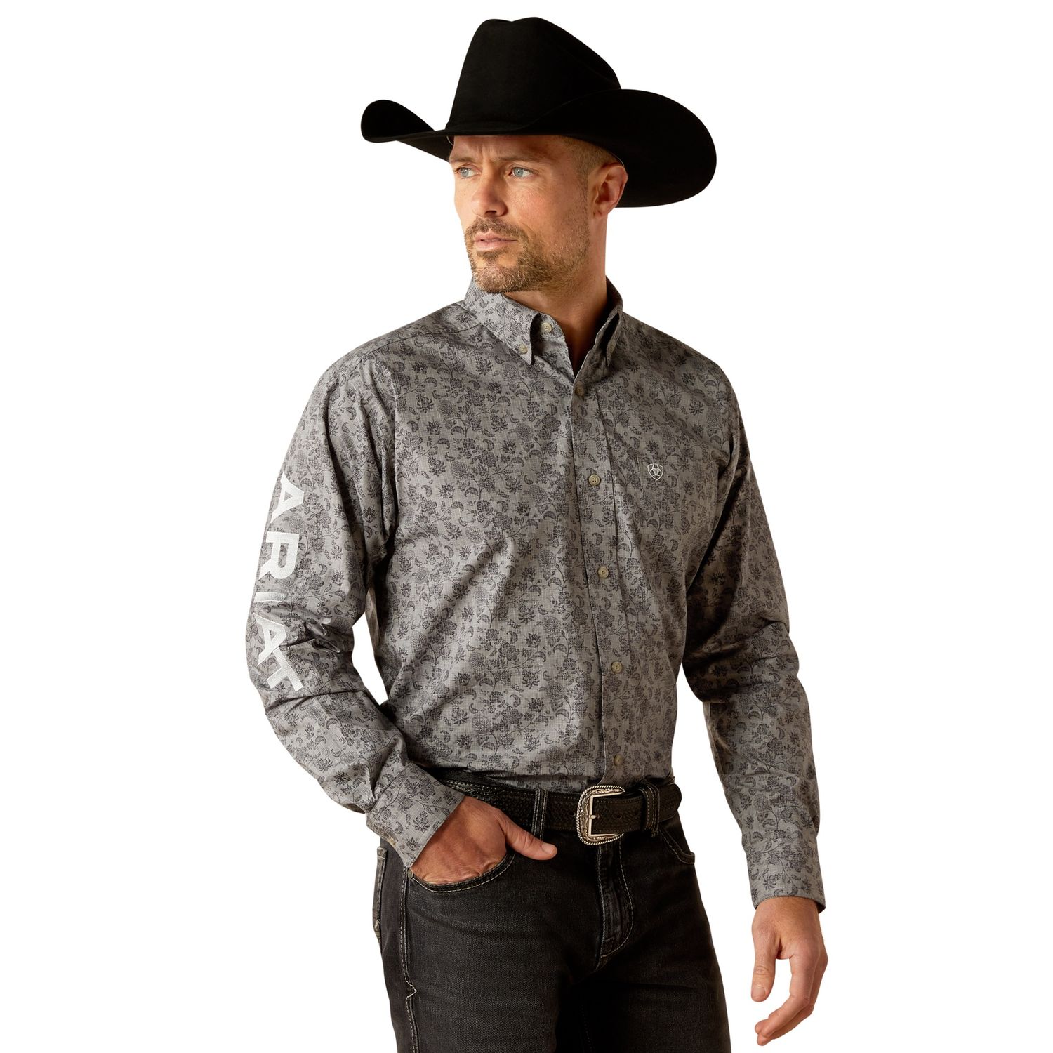 ARIAT MENS TEAM KENDALL LS SHIRT GREY/LIGHT GREY