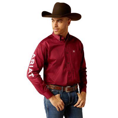 ARIAT MENS TEAM LOGO TWILL LS SHIRT DARK RED/WHITE