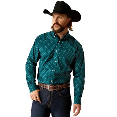 ARIAT MENS WRINKLE FREE GUNNAR LS SHIRT DEEP TEAL