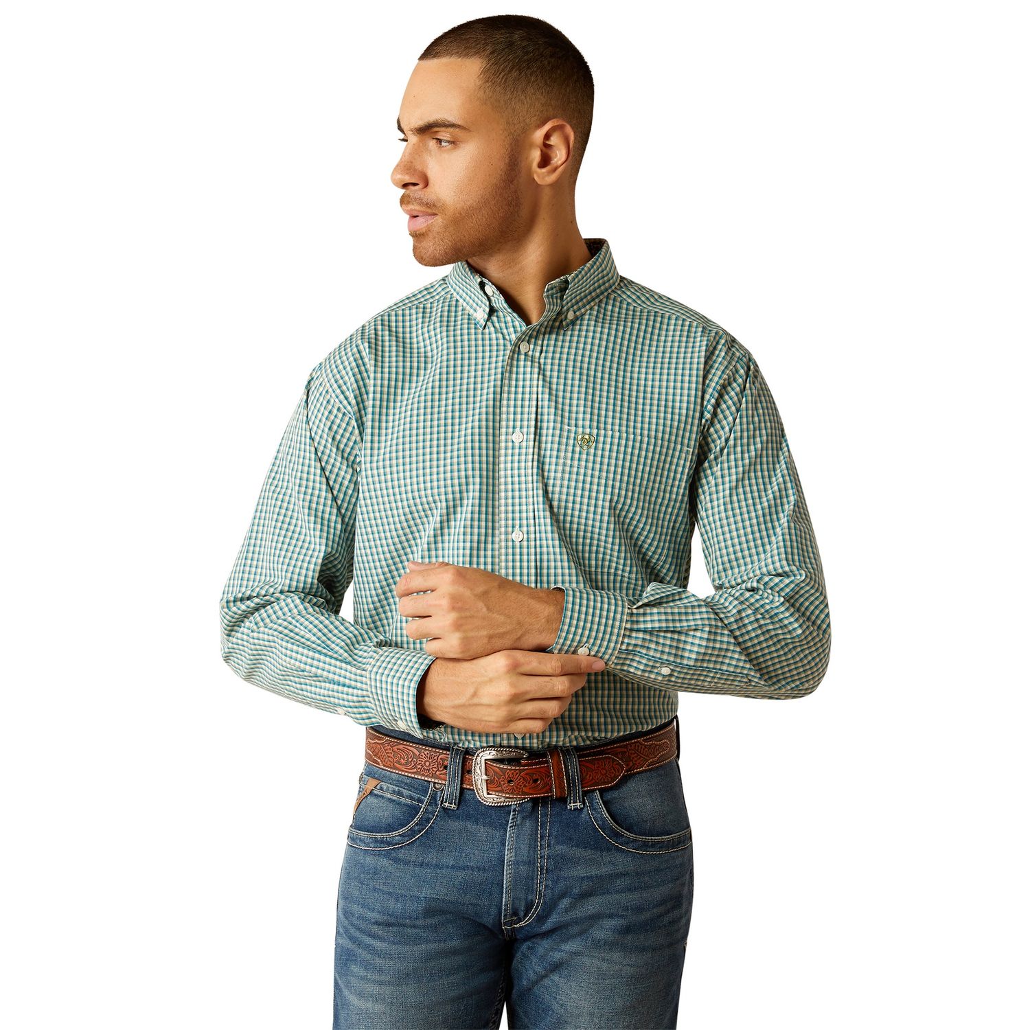ARIAT MENS WRINKLE FREE GUS LS SHIRT TEAL