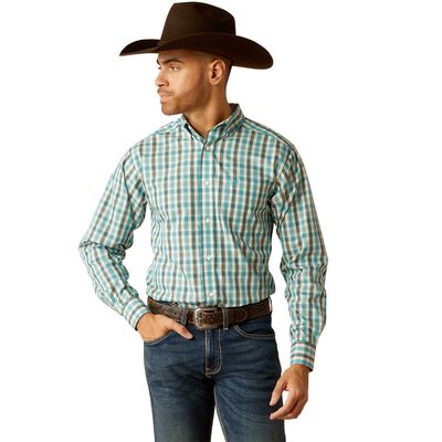 ARIAT MENS WRINKLE FREE GORDIE FITTED LS SHIRT TEAL