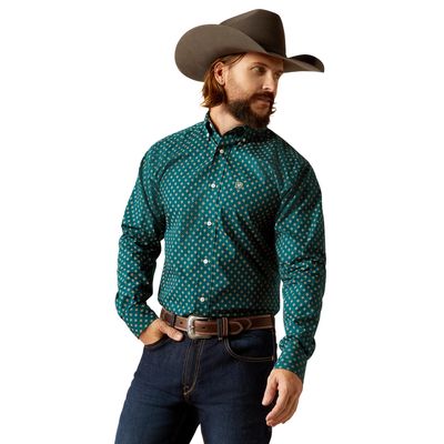 ARIAT MENS WRINKLE FREE GROVER FITTED LS SHIRT DEEP TEAL