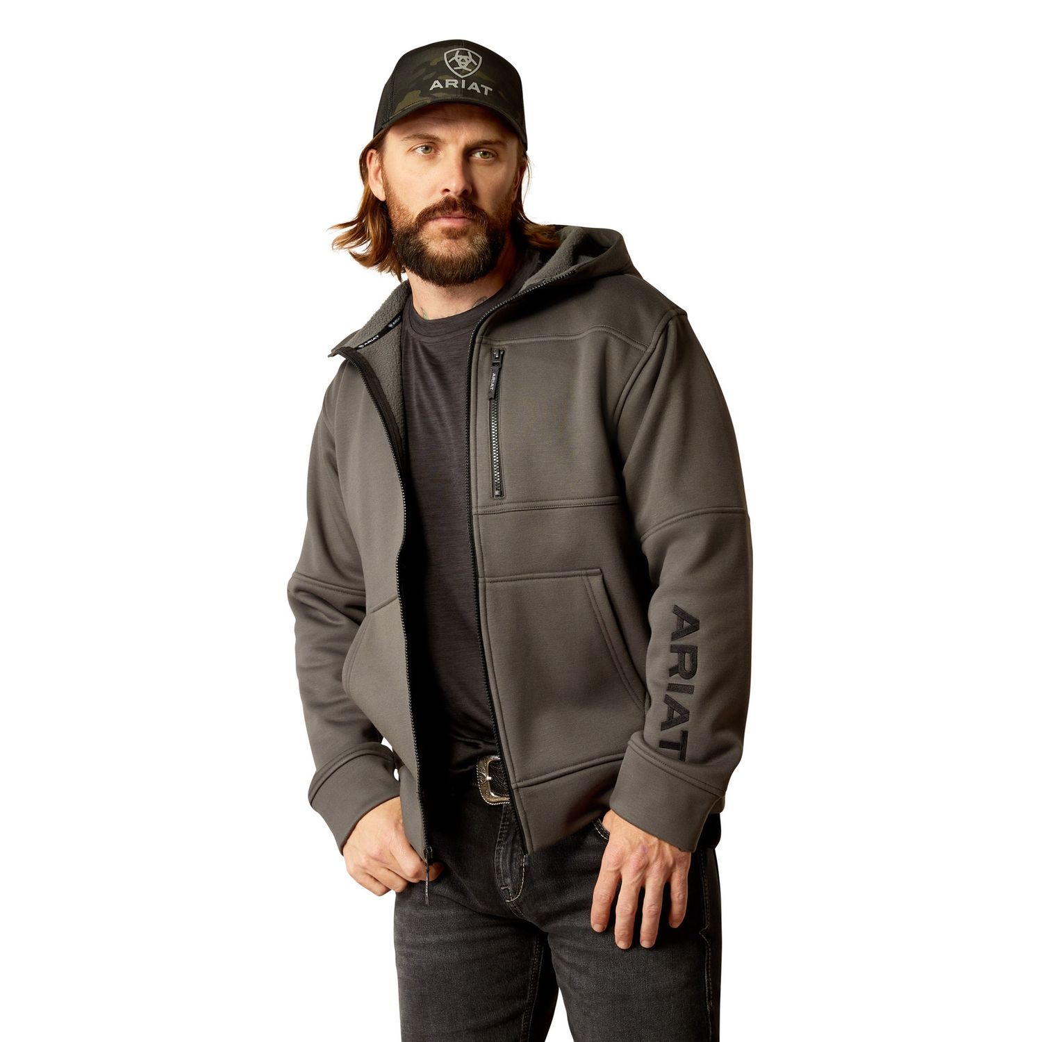 ARIAT MENS TEK FLEECE 2.0 FULL ZIP HOODIE CHARCOAL HEATHER