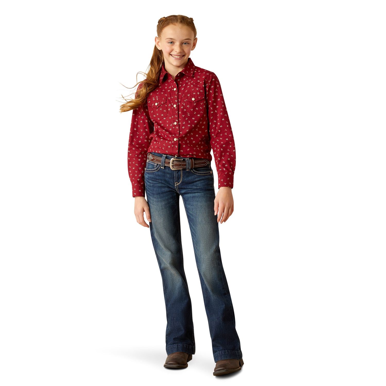 ARIAT GIRLS RED RANCH LS SHIRT CATTLE BRAND