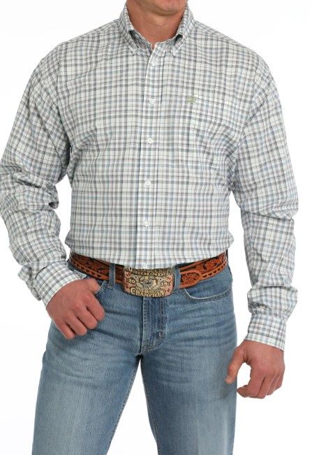 CINCH MENS CLASSIC FIT PLAID WHITE SHIRT.