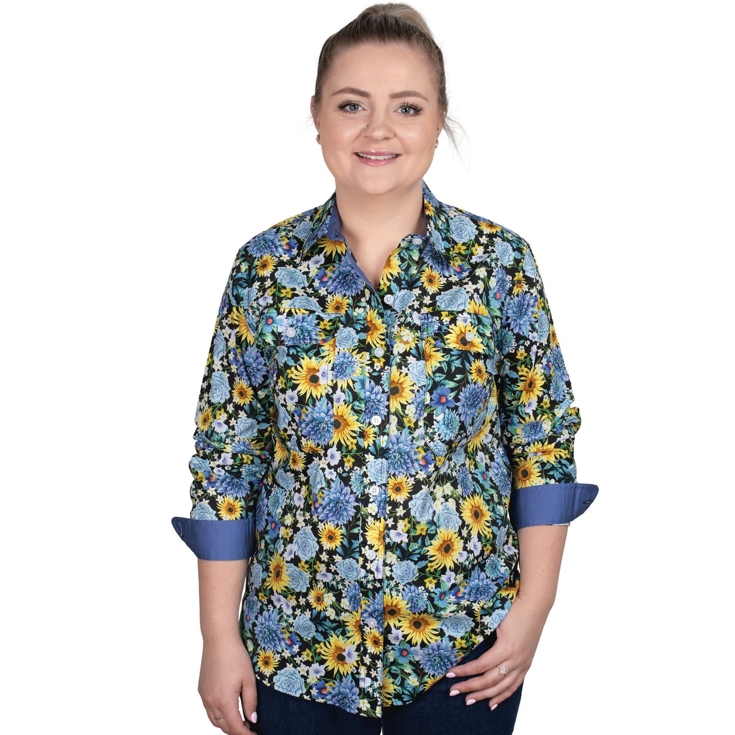 WOMENS ABBEY FULL BUTTON PRINT WORKSHIRT BLUE BOUQUET/BLUE., Size: 08.0