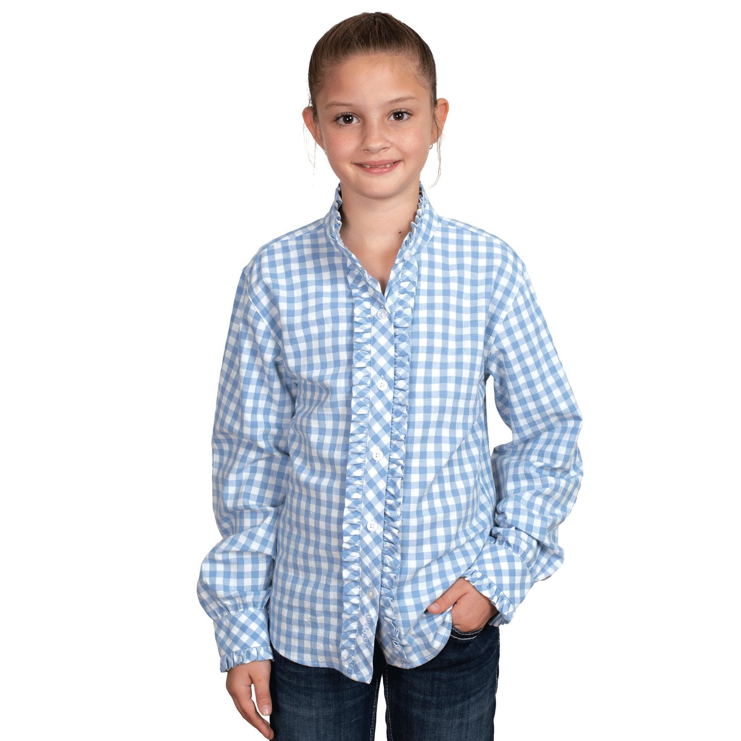 GIRLS GRACIE FRILLS FULL BUTTON PRINT WORKSHIRT CORNFLOWER BLUE CHECK., Size: XXS