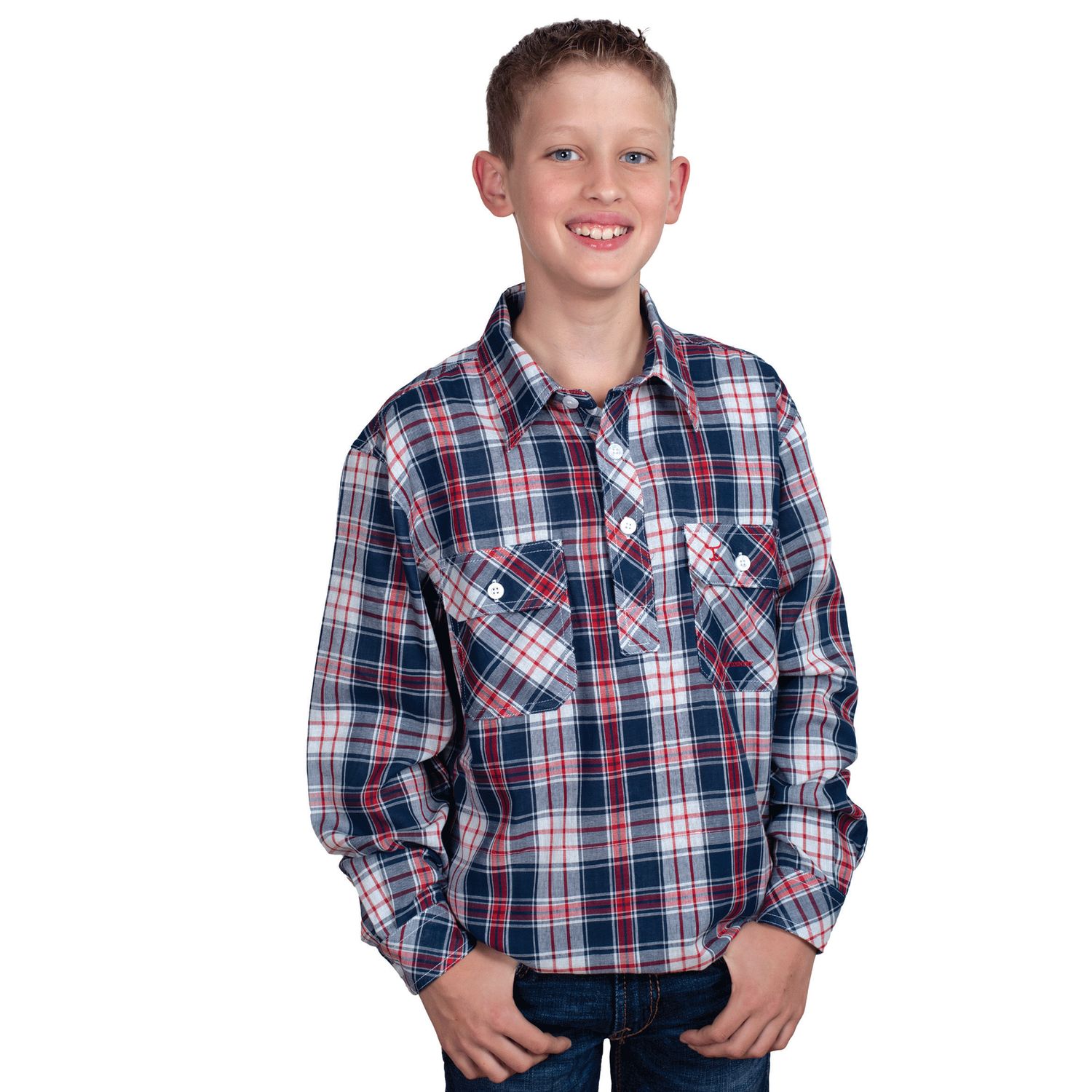 BOYS BRAYDEN 1/2 BUTTON PRINT WORKSHIRT CHILLI AND NAVY CHECK.