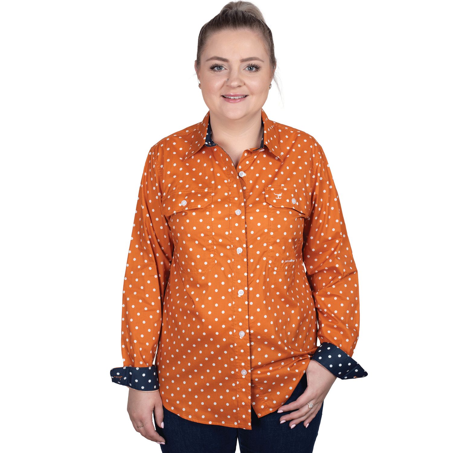 WOMENS ABBEY FULL BUTTON PRINT WORKSHIRT PUMPKIN SPICE/NAVY DOTS., Size: 08.0
