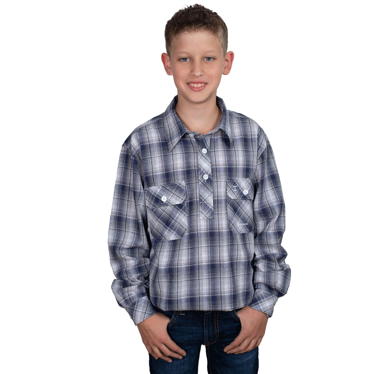 BOYS BRAYDEN HALF BUTTON PRINT WORKSHIRT ADMIRAL BLUE., Size: XXS