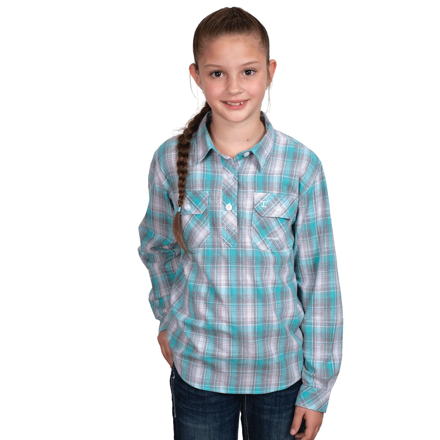 GIRLS HARPER HALF BUTTON PRINT WORKSHIRT CAPRI TURQUOISE AND SLATE.