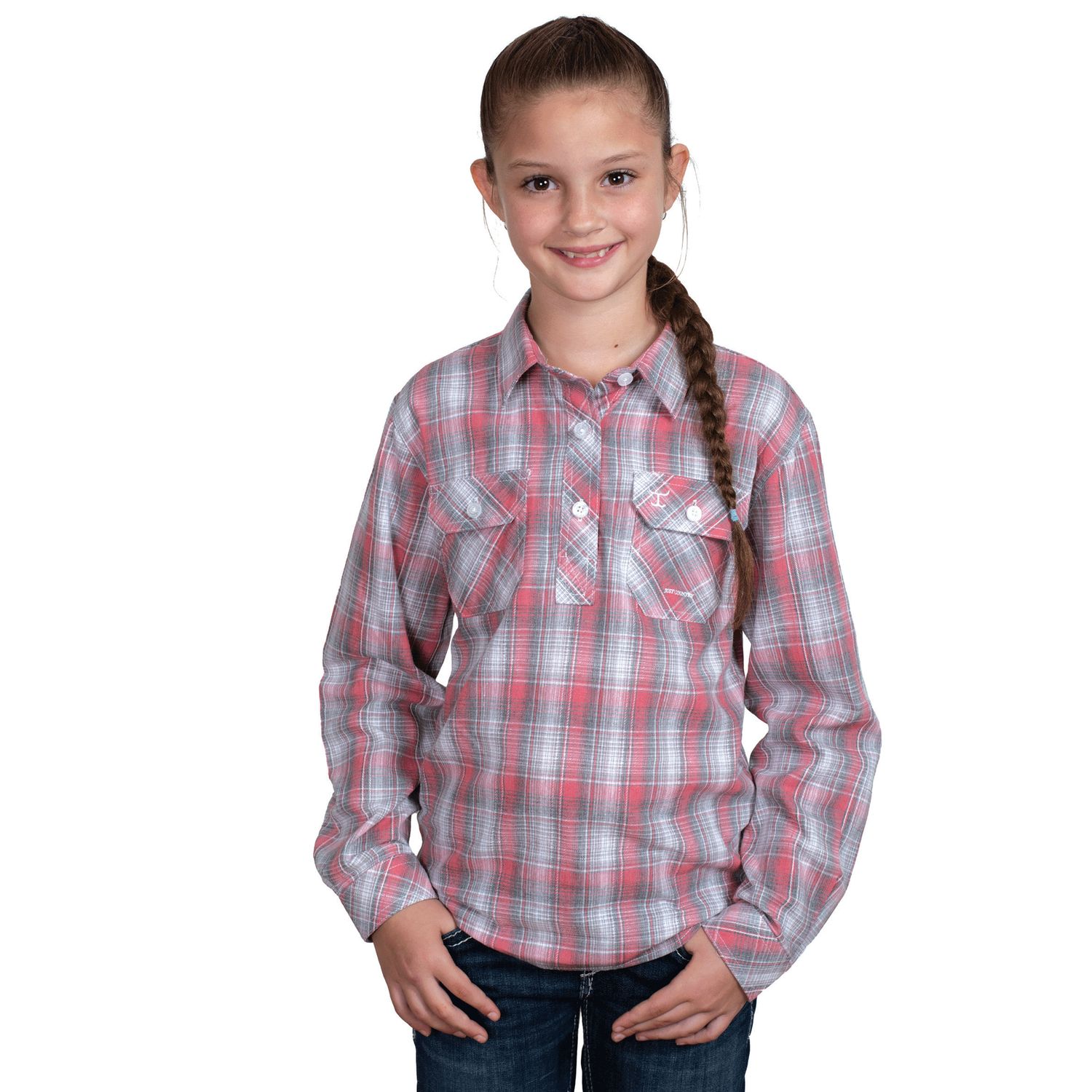 GIRLS HARPER HALF BUTTON PRINT WORKSHIRT CHERRY BLOSSUM /SLATE., Size: XXS