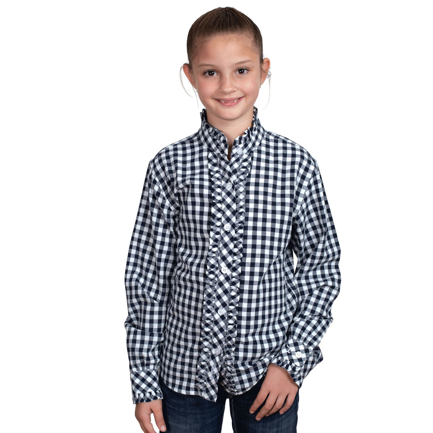 GIRLS GRACIE FRILLS FULL BUTTON WORKSHIRT NAVY CHECK.