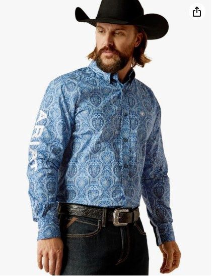 ARIAT MENS TEAM KELLAN FITTED LS SHIRT BLUE/WHITE