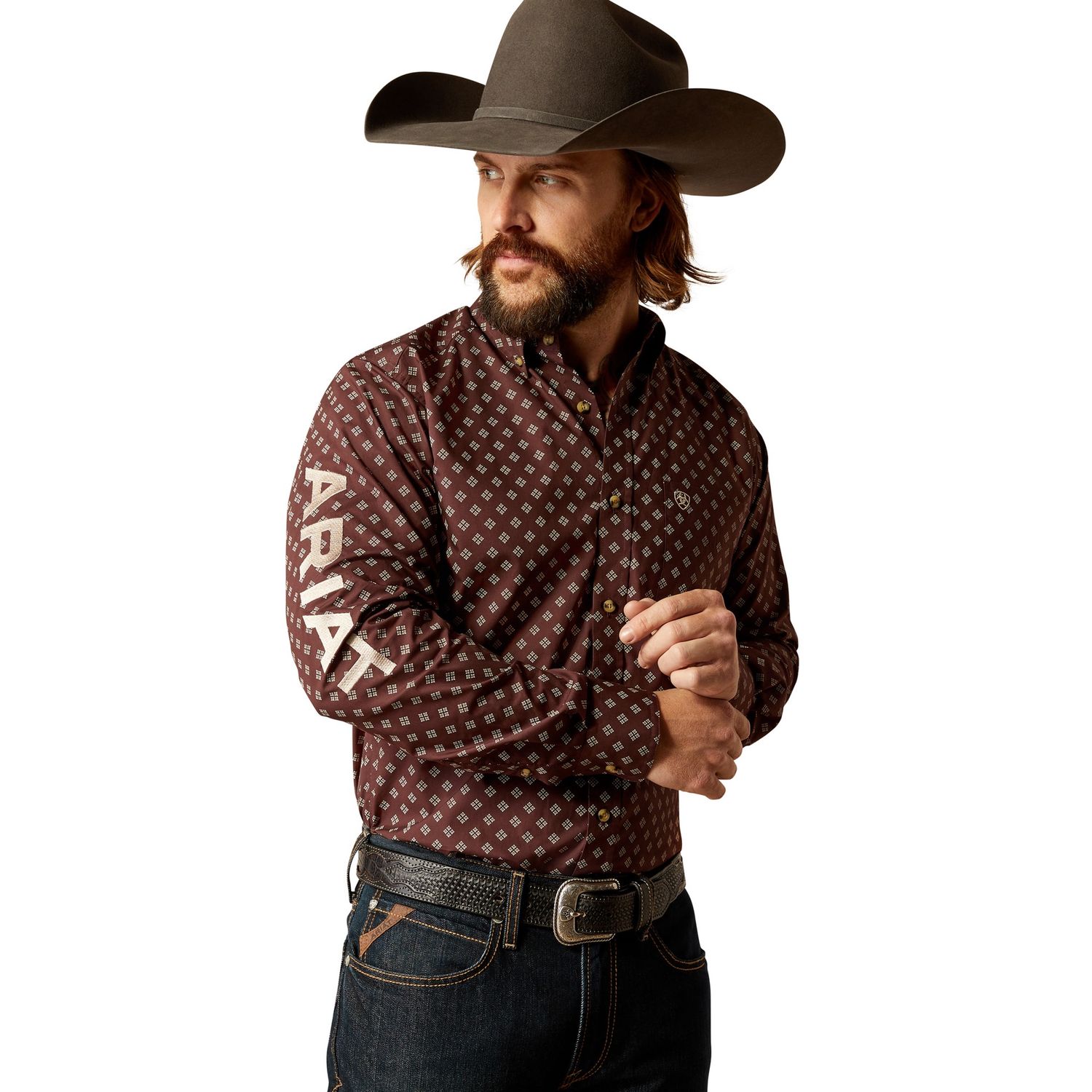 ARIAT MENS TEAM KOENFITTED LS SHIRT BROWN/TAN.