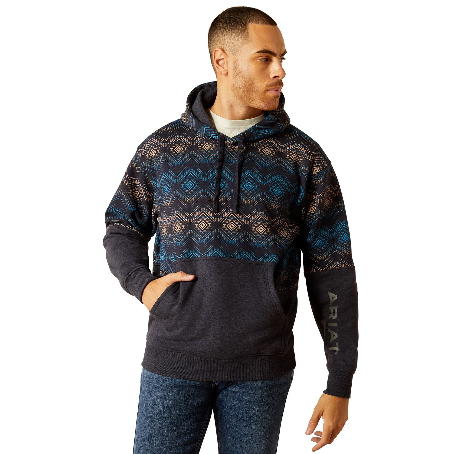 ARIAT MENS COLOUR BLOCK HOODIE NAVY