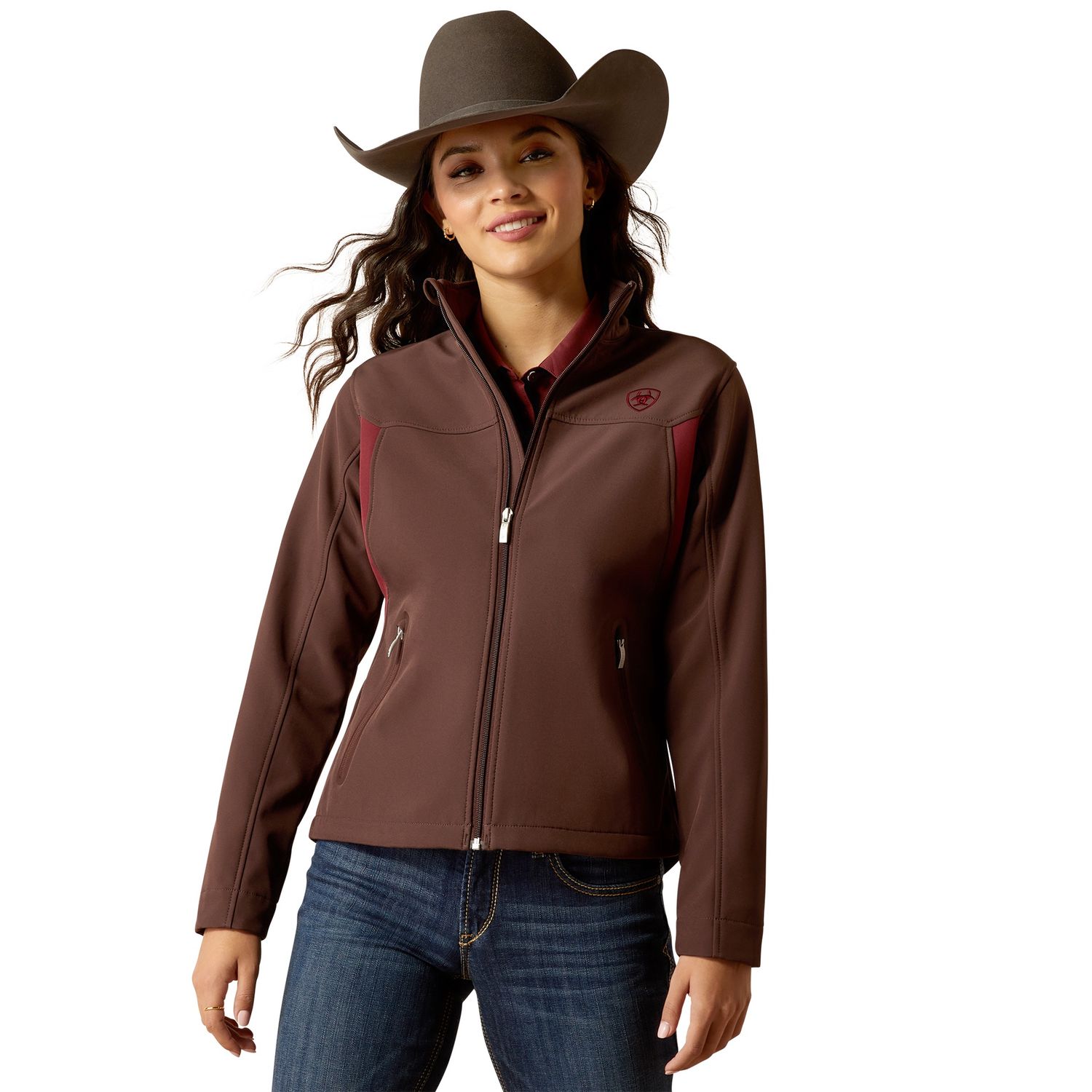 ARIAT WOMENS NEW TEAM SOFTSHELL JACKET TAWNY PORT/CHOCOLATE