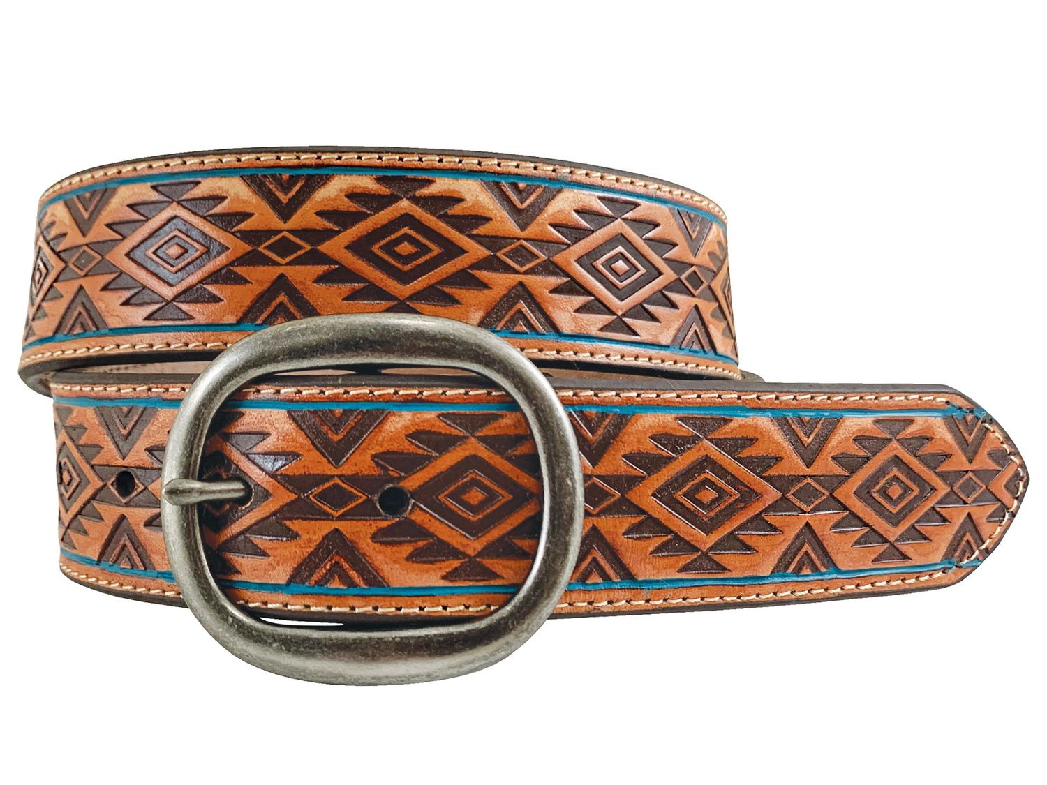 BELT LEATHER WITH AZTEC EMBOSS TAN 8867790, Waist: S