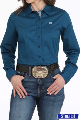 WOMENS GEOMETRIC PRINT BUTTON DOWN WESTERN SHIRT BLUE