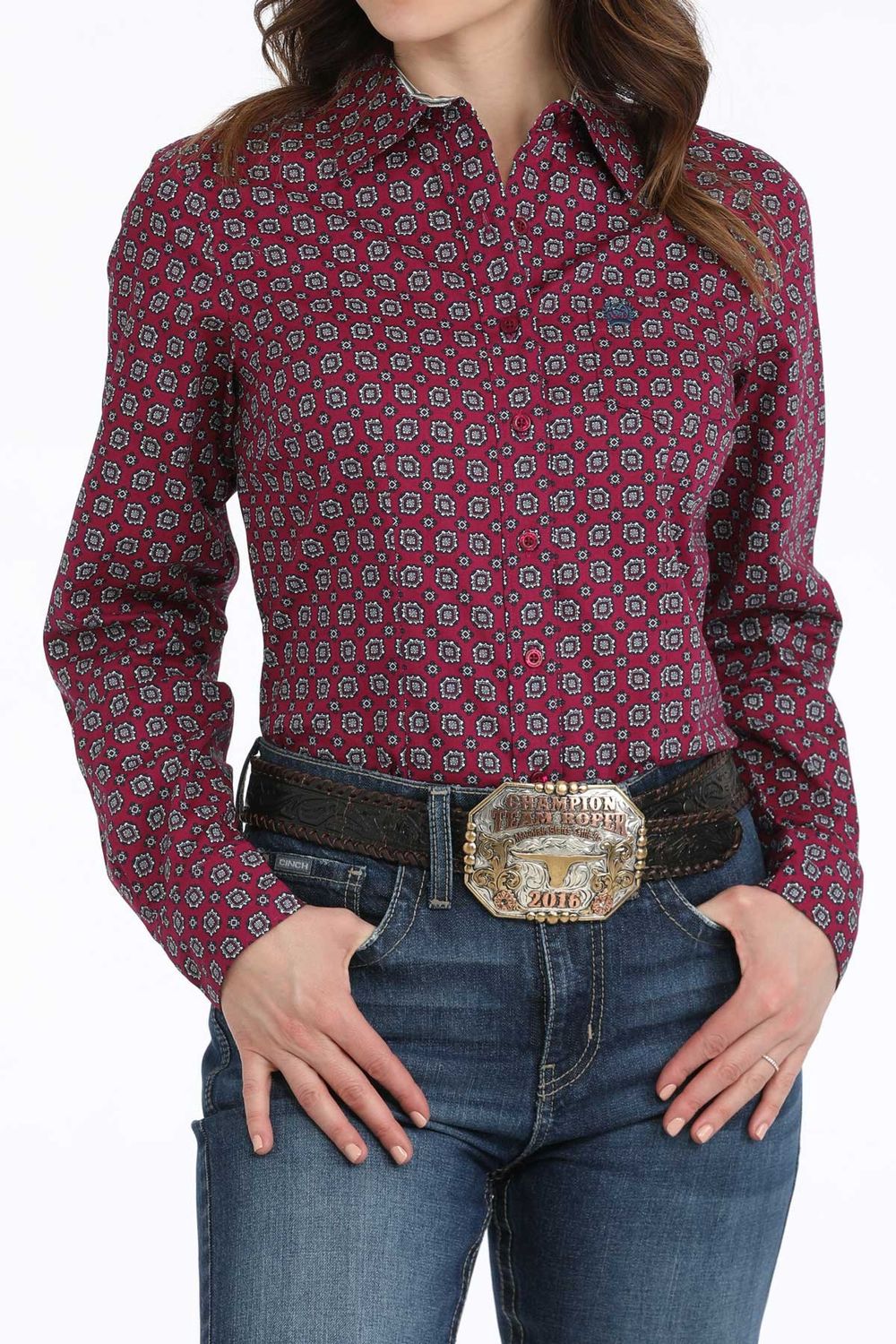 WOMENS MEDALLION PRINT BUTTON DOWN WESTERN SHIRT BURGANDY