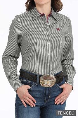WOMENS TENCIL BLACK/WHITE STRIPE BUTTON UP SHIRT
