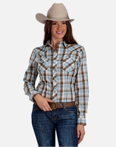 ROPER WOMENS KARMAN CLASSIC 55/45 LS SHIRT PLAID BROWN