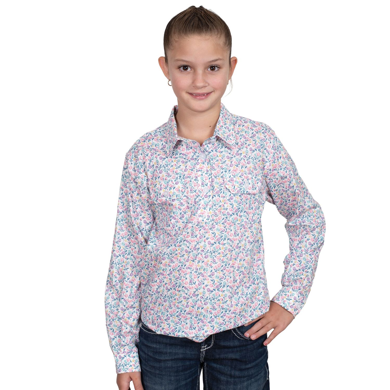 GIRLS HARPER HALF BUTTON WORKSHIRT WHITE TULIPS