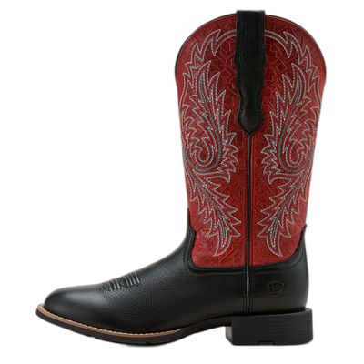 ARIAT WOMENS ROUND UP WIDE TOE STRETCHFIT BLACK DEERTAN/GARNET EMBOSS