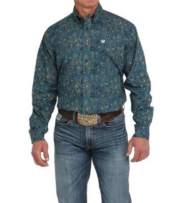 CINCH MENS BLUE PAISLEY BUTTON DOWN WESTERN SHIRT.