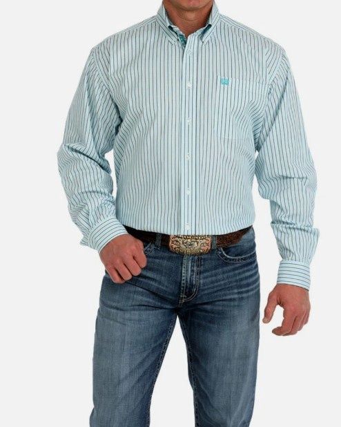 CINCH MENS STRIPE BUTTON WHITE SHIRT