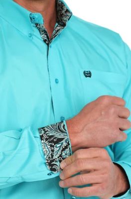 CINCH MENS BUTTON DOWN TURQUOISE SHIRT.