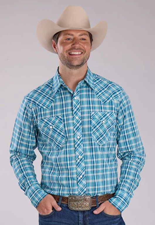 ROPER MENS WEST MADE COLLECTION LS SHIRT PLAID BLUE.