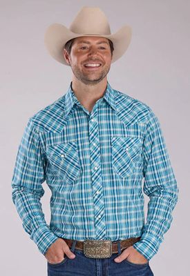 ROPER MENS WEST MADE COLLECTION LS SHIRT PLAID BLUE.