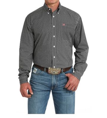 MENS GEOMETRIC PRINT GREY BUTTON DOWN SHIRT.