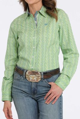 WOMENS GEOMETRIC BUTTON DOWN WESTERN SHIRT LIME.