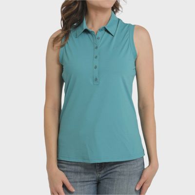 WOMENS SOLID BLUE SLEEVELESS POLO SHIRT.