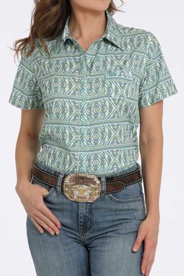 WOMENS SHORT SLEEVE GEOMETRIC PRINT BUTTON DOWN.