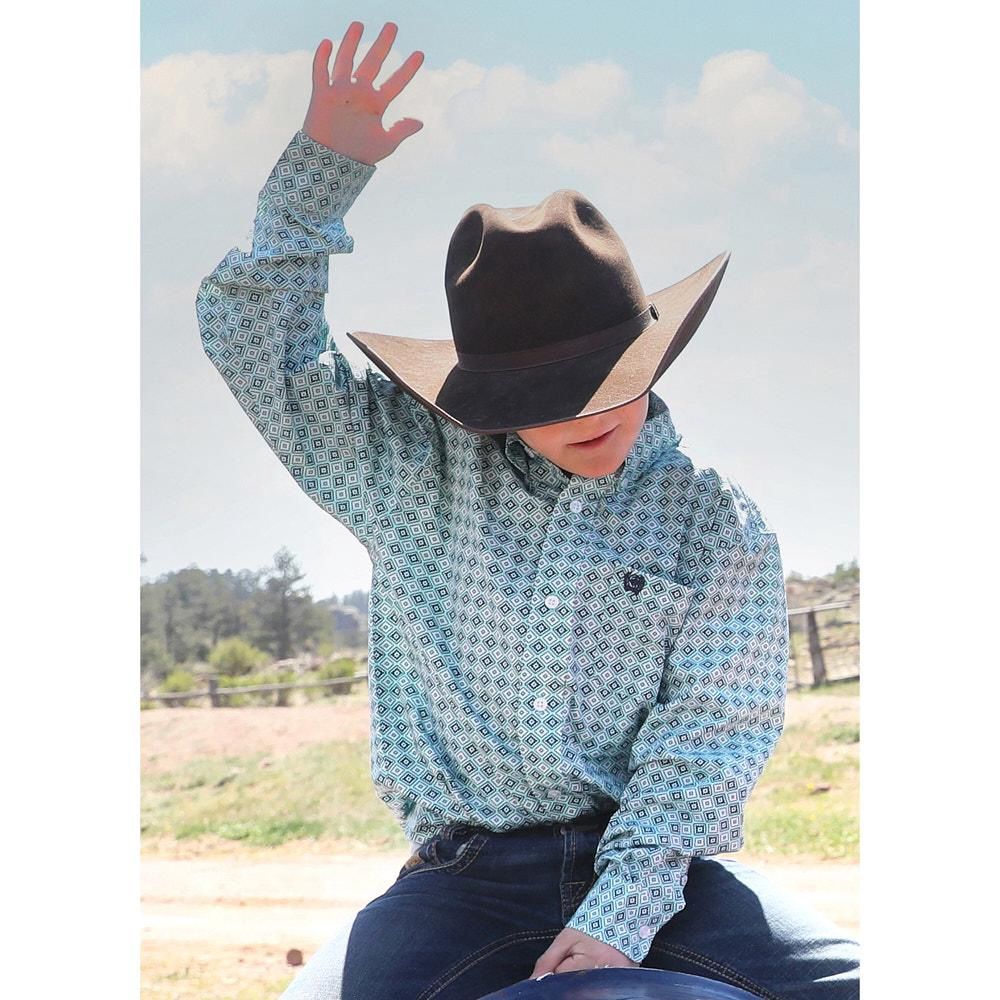 Cinch Boy&#39;s Turquoise Print Long Sleeve Button Shirt