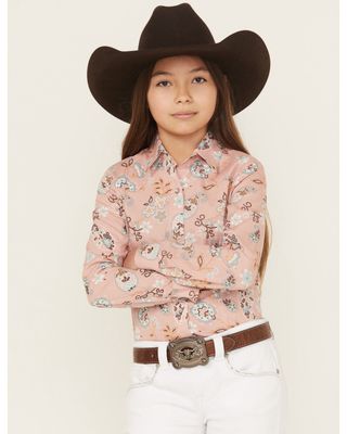 Cruel Girl Girls' Printed Long Sleeve Rhinestone Snap Western Shirt.